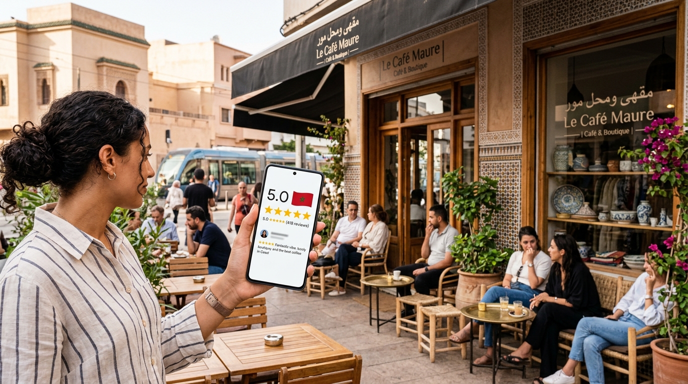 Commerce marocain affichant une note Google de 5 étoiles